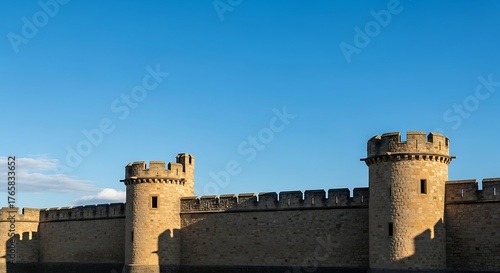 Sunlit Medieval Castle Walls and Towers Against a Clear Blue Sky.