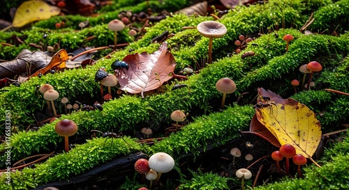 Tiny mushrooms and fallen leaves nestled in vibrant green moss on a forest floor.