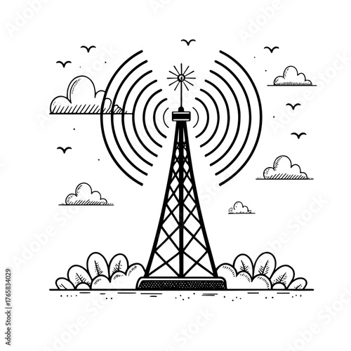 Communication tower signal waves illustration radio tower transmission antenna technology wireless network