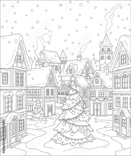 Charming Winter Village Coloring Page. Detailed line art of snow-covered houses and a festive Christmas tree, ideal for creative holiday relaxation