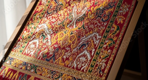 Vibrant and Detailed Traditional Asian Textile Art with Intricate Patterns.
