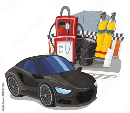 Cartoon street racing car vehicle pitstop pitzone on white background illustration for children