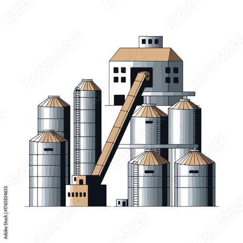 Industrial Silo Complex Illustration Grain Storage Architecture