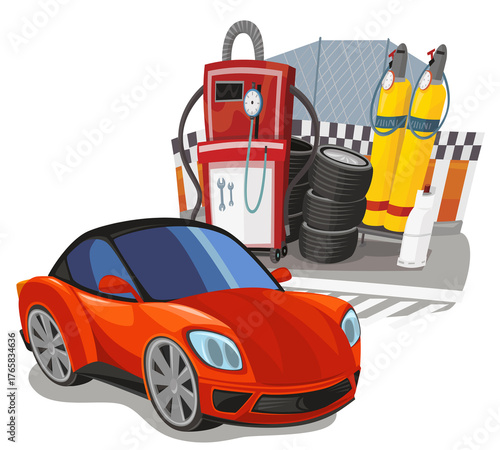 Cartoon street racing car vehicle pitstop pitzone on white background illustration for children
