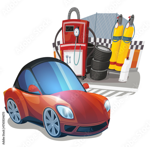 Cartoon street racing car vehicle pitstop pitzone on white background illustration for children