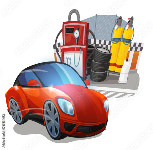 Cartoon street racing car vehicle pitstop pitzone on white background illustration for children