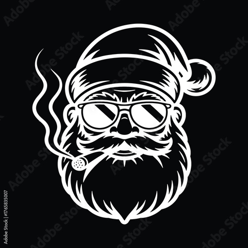 Cool Santa with a beard and mustache wearing sunglasses and a Santa hat, smoking a cigar, in a bold black and white artistic illustration
