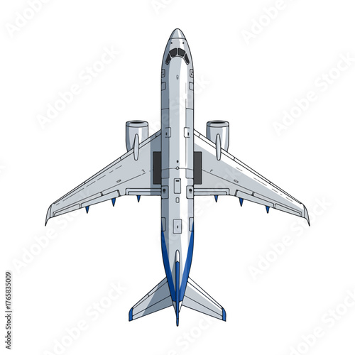Overhead Airplane View Commercial Jet Illustration on White
