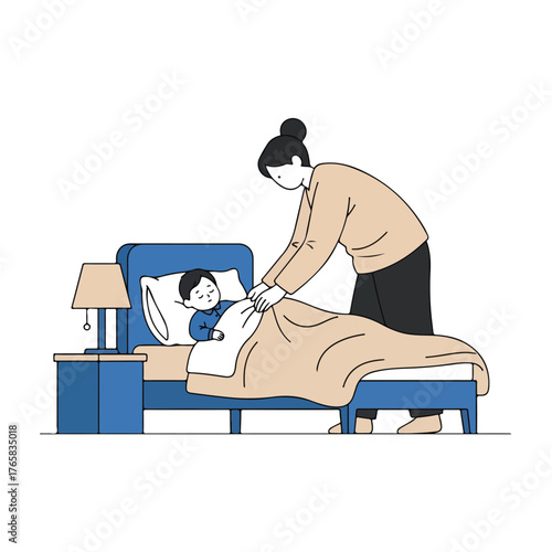 Mother Tucking Child in Bed Illustration for Comfort Sleep