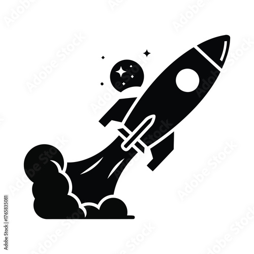 Vector art of black silhouette of a rocket launching into space