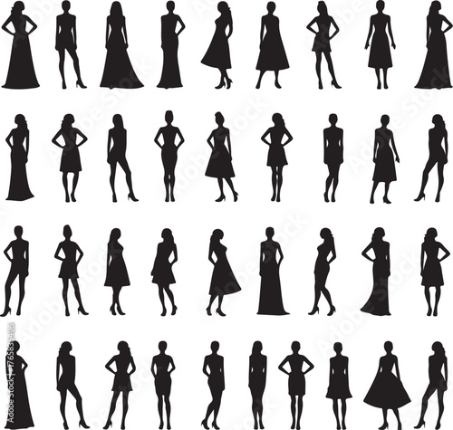 Black silhouettes of women in various dresses and poses