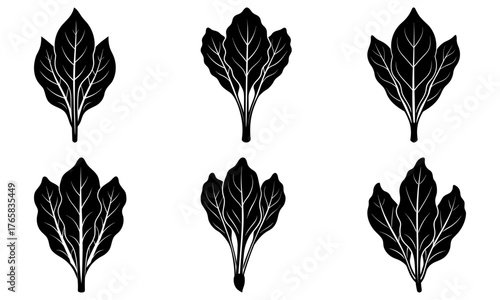Six stylized black leaf bunches offer botanical elegance for nature themes, organic products, and fresh designs, originally created as scalable vector art