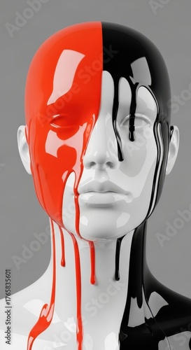 Fototapeta Naklejka Na Ścianę i Meble -  Artistic mannequin head with red and black paint dripping down, a striking visual concept exploring duality and the human form