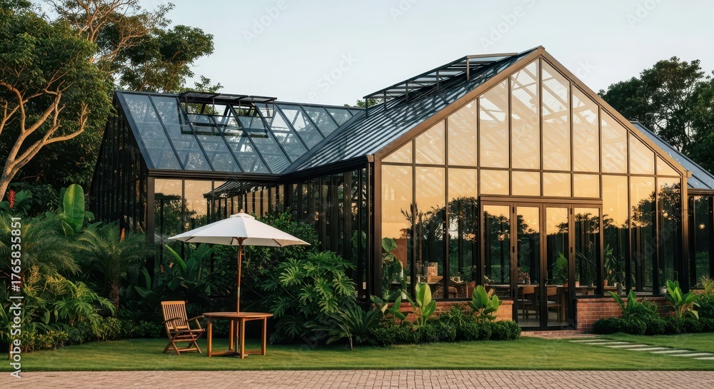 Obraz premium Contemporary glass greenhouse architecture, elegantly nestled amidst vibrant tropical flora, with an inviting outdoor patio for serene moments