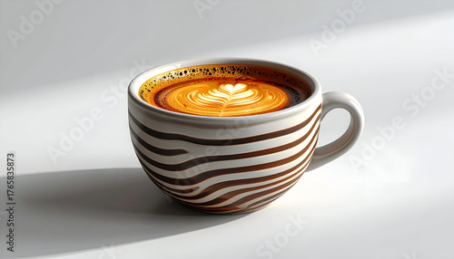 Close Up Shot Of Frothy Coffee in Striped Mug on White Surface with Side Lighting