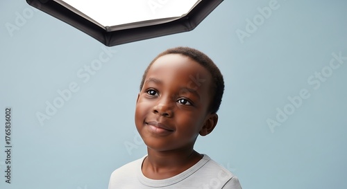 Young African Boy Posing Under Studio Light, Smiling and Looking Up.