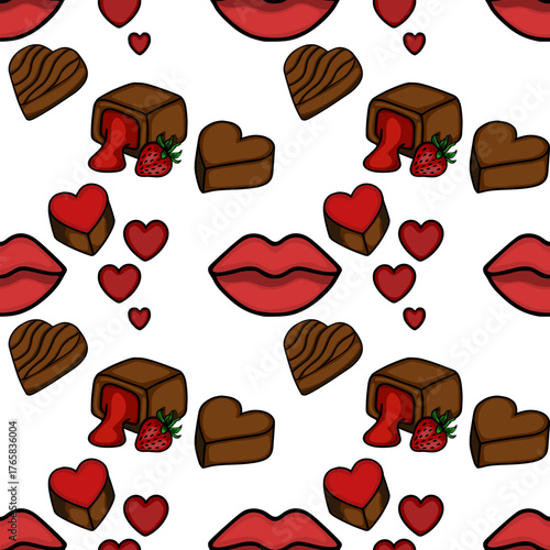 Seamless vector pattern of romantic Valentine's Day elements featuring chocolate hearts, luscious red lips, and juicy strawberries on a white background.