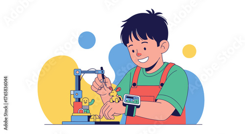 Boy enthusiastically engages with a robotic arm, fostering an interest in technological