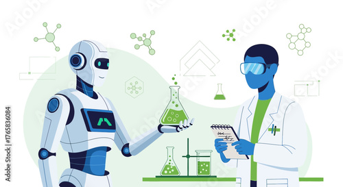 Collaborative innovation vector art featuring a robot and scientist working on chemistry experiments