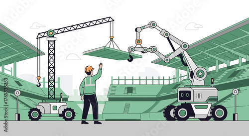 Construction site of the future with automated cranes and workers supervising the building process