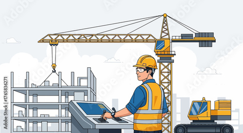 Construction site with a crane operator in hardhat controlling machinery for building construction