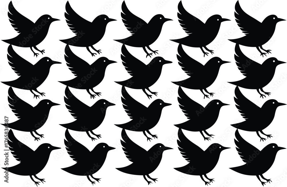 Fototapeta premium Repeating Pattern of Black Bird Silhouettes Keywords: birds, pattern, repetition, silhouette