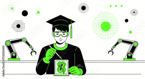 Creative engineer utilizing robotic arms for innovative design and research illustration