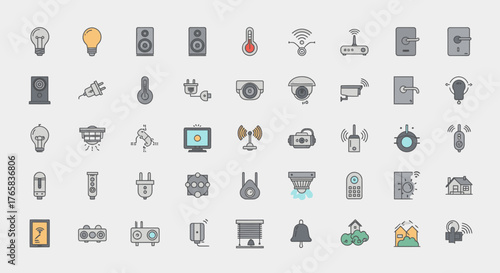 A diverse collection of flat design icons representing various smart home automation and IoT devices.