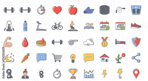 A comprehensive collection of colorful flat design icons representing health, fitness, lifestyle, and general business concepts on a white background.