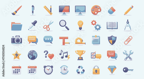 Collection of various colorful icons representing design, tools, and office supplies for creative projects.