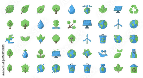 Collection of ecology and environmental icons in flat design style.
