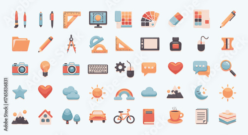 A diverse collection of flat design icons for graphic design, weather, and lifestyle objects on a light background.
