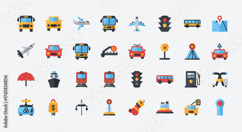 Transportation icons set: a collection of diverse vehicles and traffic symbols.
