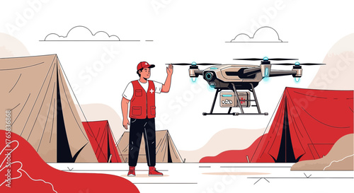 Drone delivery of emergency aid in a camp setting for disaster relief and urgent assistance