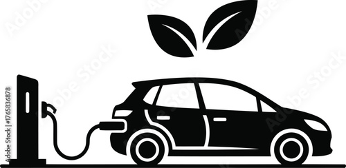 Vector art of electric car charging at a charging station with green leaves symbolizing ecofriendly transport
