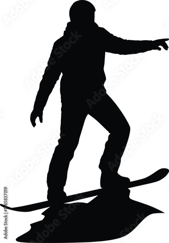 Silhouette of snowboarder in dynamic motion wearing helmet and winter gear, black vector illustration for sports, adventure, and fitness concept
