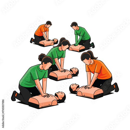 CPR Training Illustration People Performing Chest Compressions on Mannequins, First Aid Concept