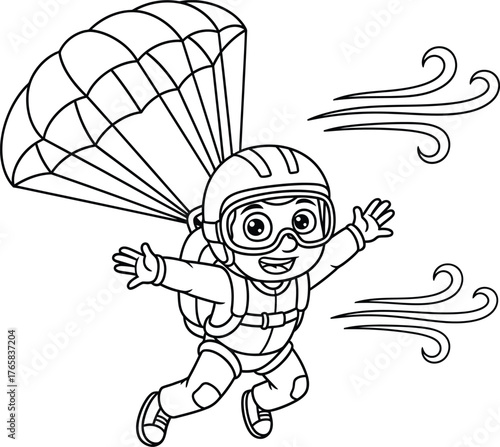 Cartoon boy skydiving with parachute, black and white outline vector illustration isolated on white