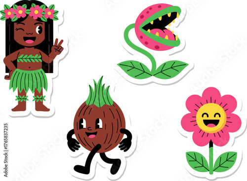 Cute Cartoon Characters Hawaiian Girl Venus Flytrap Onion Flower.