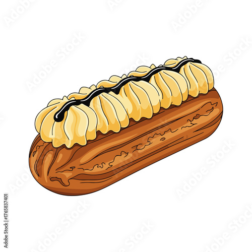 Delicious Eclair Dessert with Cream and Chocolate, Isolated
