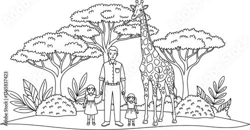 Family with Giraffe in African Savannah Landscape.