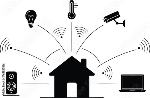 Vector art of smart home technology connecting devices to a central house icon