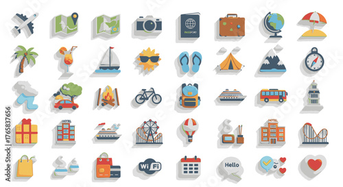 Collection of colorful travel and tourism icons on a white background.