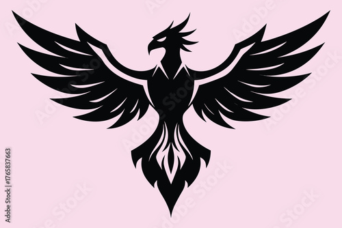 Black Silhouette of a Mythical Phoenix on Pink Background