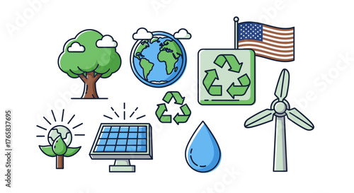 A collection of environmental icons representing sustainability, renewable energy, and conservation in the USA.