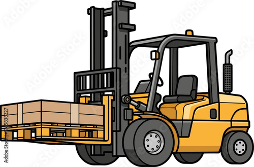 Yellow Forklift Truck Lifting Wooden Pallet with Boxes.