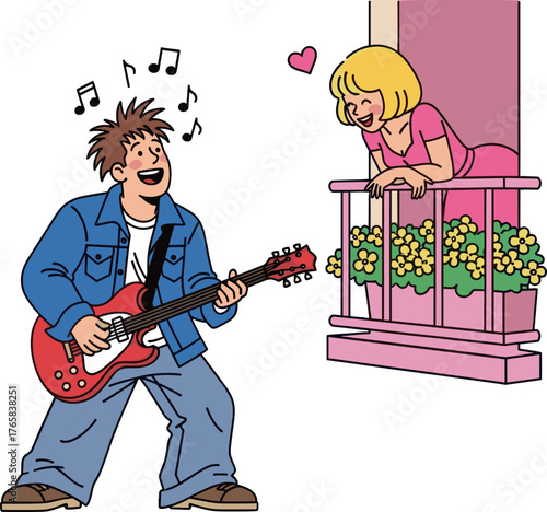 Young Man Serenading Woman with Guitar on Balcony.