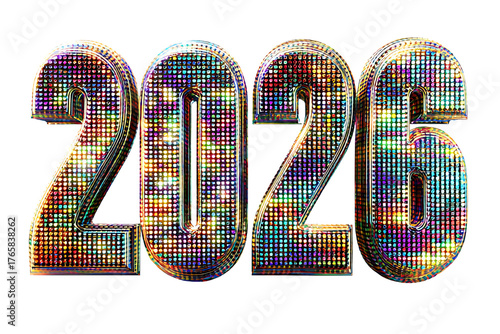 Disco Ball Rainbow Mosaic 2026 New Year Date, isolated on a transparent background.