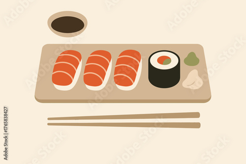 Minimalist sushi platter featuring salmon nigiri and maki rolls