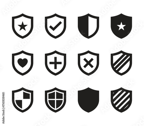 Collection of twelve different shield icons representing security, protection, safety, and guard concepts